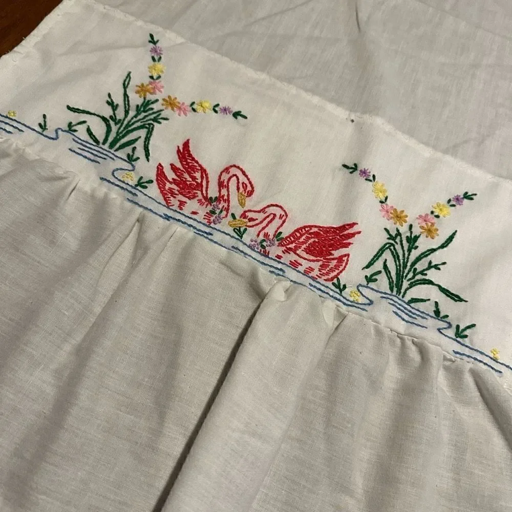Vintage Handmade and Cross Stitched Swans and Floral White Small Window Panels - Picture 3 of 8